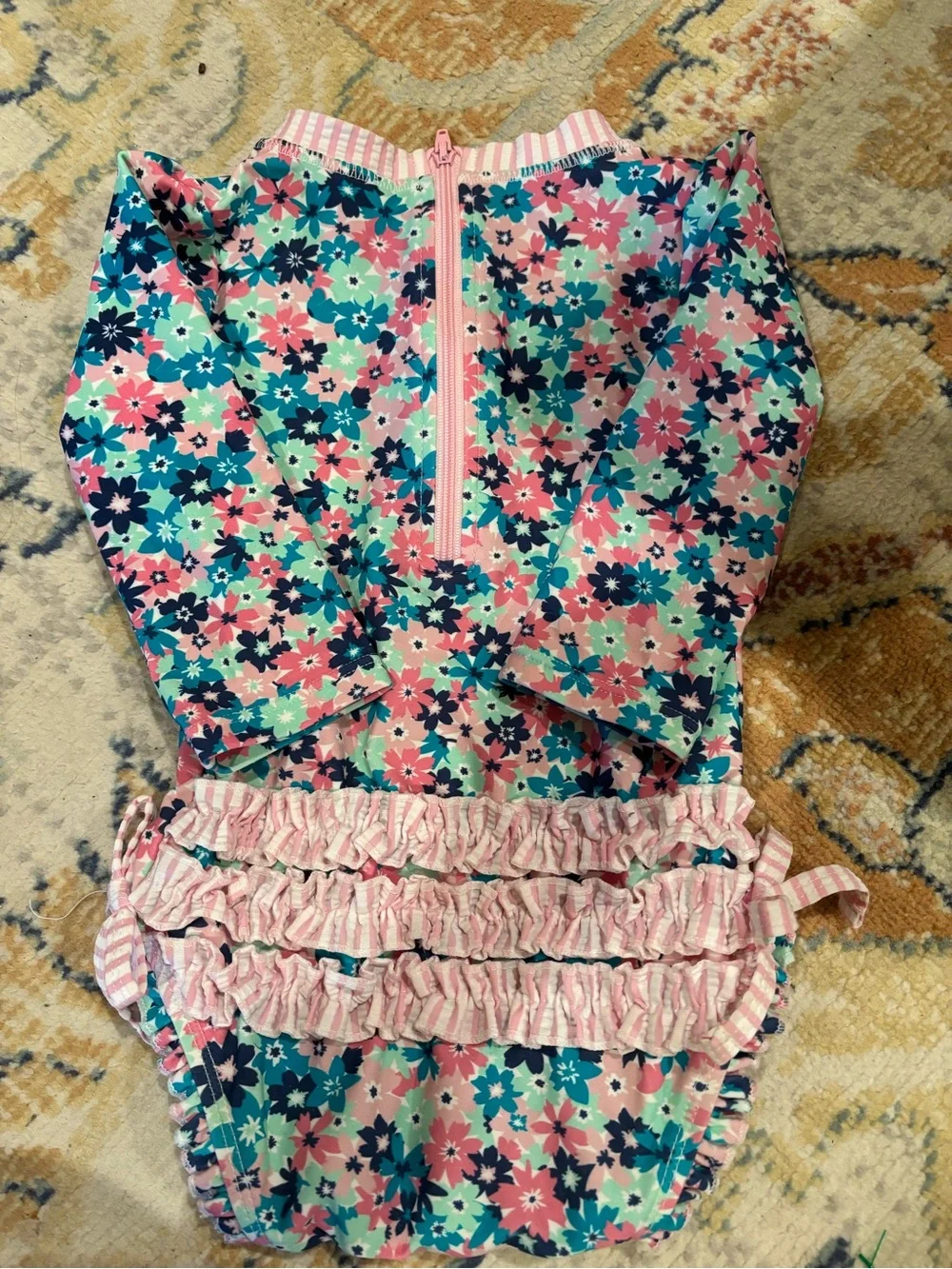 Ruffle Butts Pink Teal Floral Long-Sleeve One-Piece Swimsuit